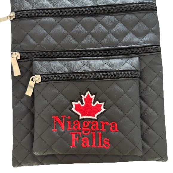 NIAGARA FALLS Crossbody Bag Pouch Unisex Black Faux Leather Red Maple Leaf - Picture 5 of 9
